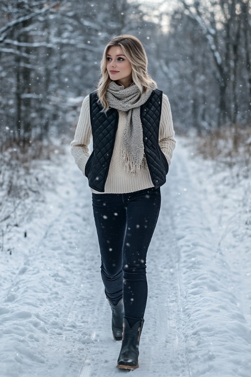 A casual winter look with black short cowboy boots, a cream oversized sweater, a quilted black vest, dark skinny jeans, and a knit scarf