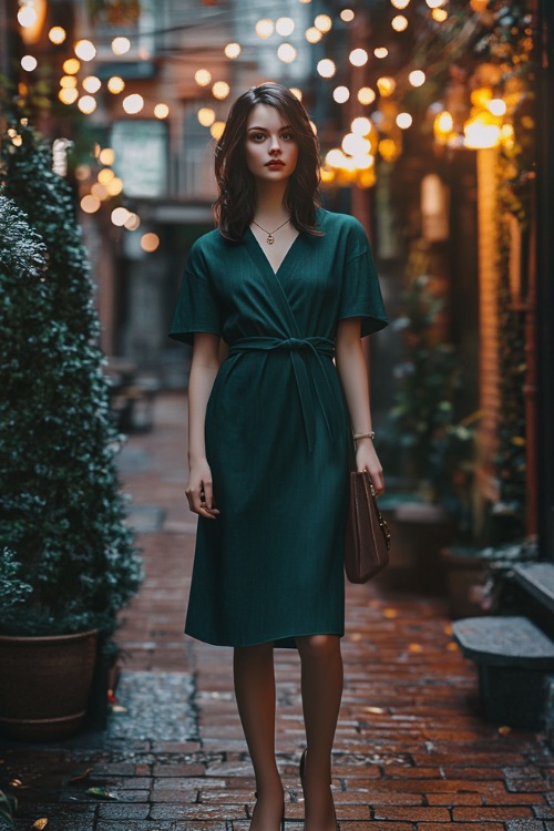 A casual yet chic wrap dress in deep green with a V-neckline, accessorized with flats and a crossbody bag