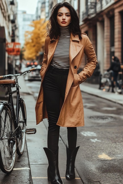 A casual yet edgy look with a tan leather trench coat draped over a striped turtleneck sweater and high-waisted black trousers