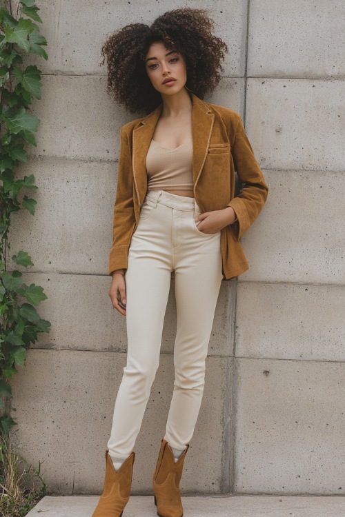 A chic look with tan suede ankle cowboy boots, high-waisted cream trousers, a taupe fitted top, and a camel blazer. She poses against a concrete wall with ivy vines growing along it