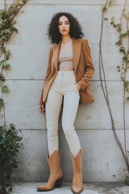 A chic look with tan suede ankle cowboy boots, high-waisted cream trousers, a taupe fitted top, and a camel blazer