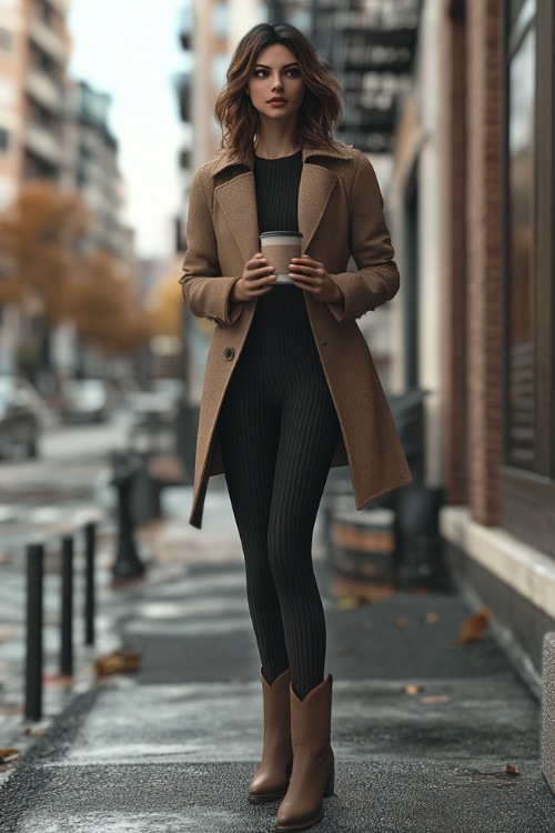 A chic outfit with black ribbed leggings, a cropped camel coat, and dark brown ankle cowboy boots with a pointed toe