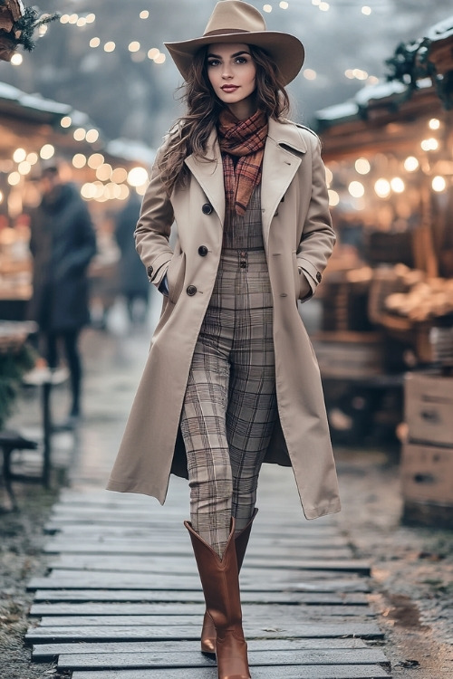 A chic woman in a beige trench coat, plaid trousers, and tall brown cowboy boots with classic western designs