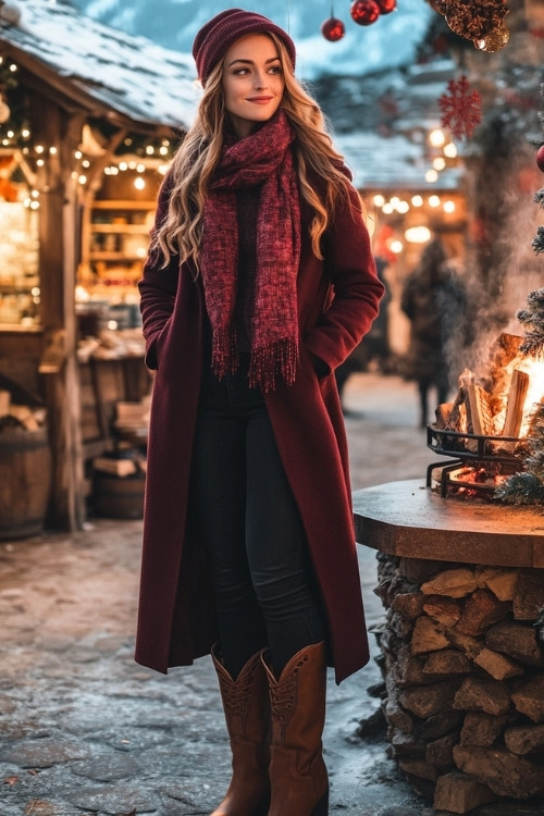 A chic woman in a long, burgundy wool coat, scarf, and tall brown cowboy boots stands beside a traditional stone fireplace in an open-air winter market