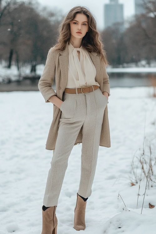 A classic winter ensemble with beige suede ankle cowboy boots, light grey tailored pants, a cream silk blouse tucked in with a camel belt, and a wool overcoat