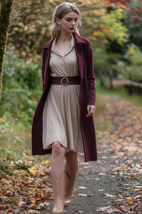 A classy winter look with beige short cowboy boots, a long burgundy wool coat, a tailored dress with a matching belt, and pearl earrings