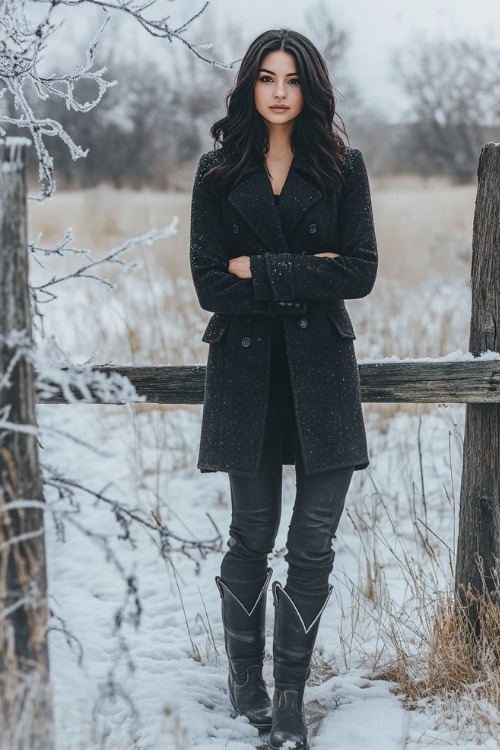 A confident woman with dark, shoulder-length hair in a dark wool trench coat, black fitted jeans, and tall black cowboy boots with a classic western cut