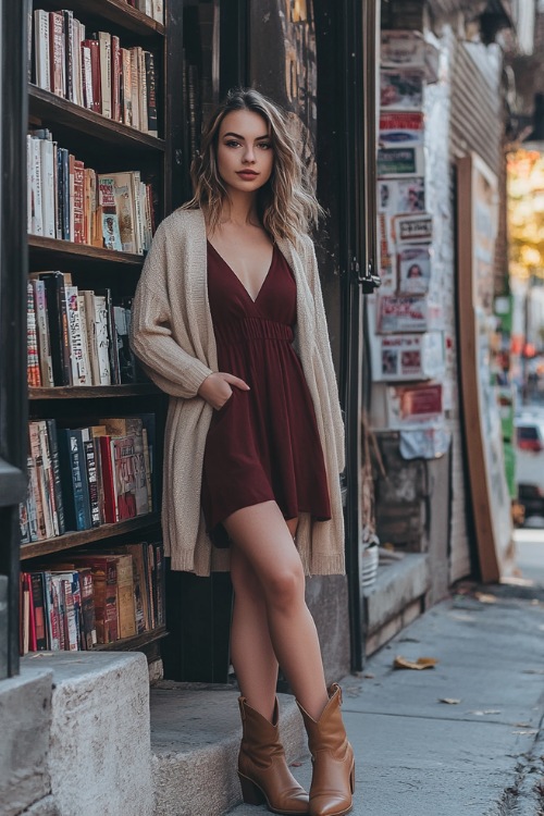 A cozy outfit with tan leather ankle cowboy boots, a burgundy midi dress, and a longline beige cardigan (2)