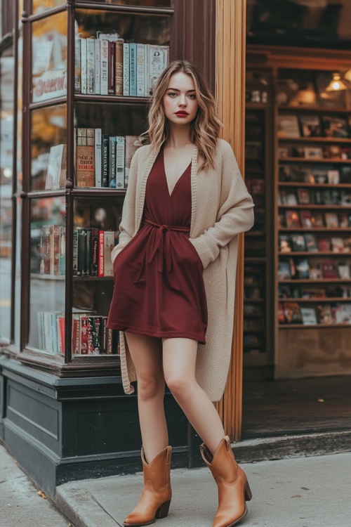 A cozy outfit with tan leather ankle cowboy boots, a burgundy midi dress, and a longline beige cardigan