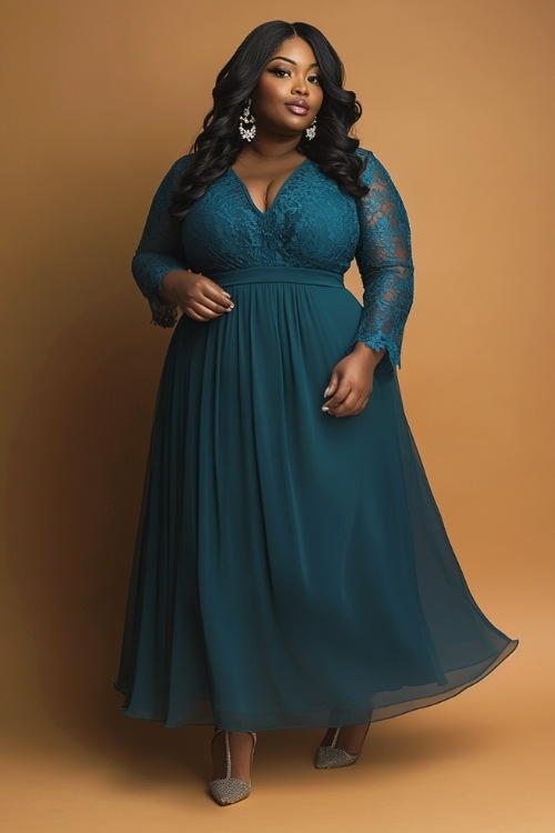 A curvy woman in a deep teal midi dress with long lace sleeves, a modest V neckline, and a belted waist. She pairs the outfit with heels and simple drop earrings