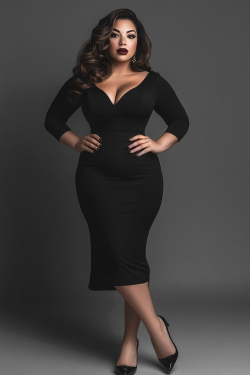 A curvy woman in a fitted black midi dress with three-quarter sleeves, a square neckline, and a fishtail hemline. She wears heels and minimal jewelry