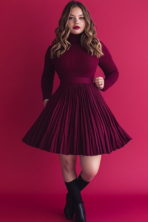 A curvy woman in a knee-length plum-colored dress with long sleeves, a mock turtleneck, and a pleated skirt. She wears black ankle boots and a simple silver bracelet (2)