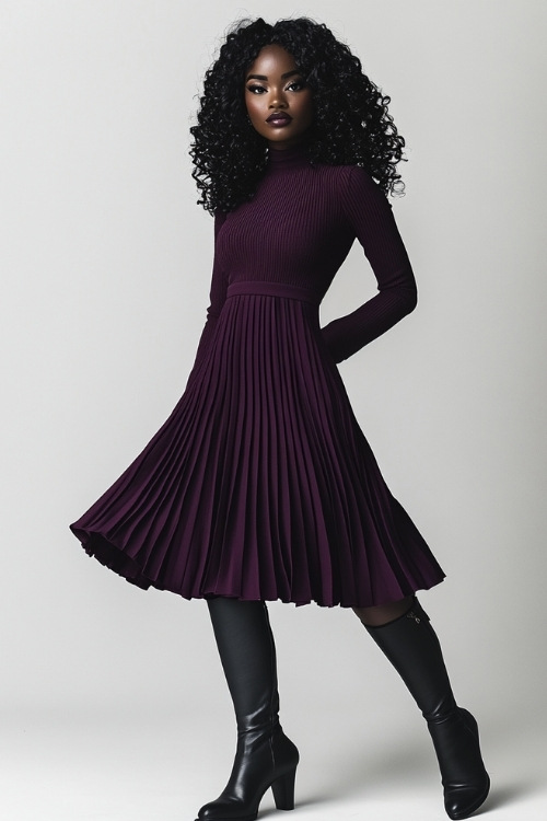 A curvy woman in a knee-length plum-colored dress with long sleeves, a mock turtleneck, and a pleated skirt. She wears black ankle boots and a simple silver bracelet