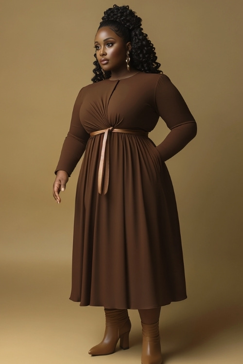 A curvy woman in a long-sleeve chocolate brown dress with an A-line silhouette, a tie belt at the waist, and a modest neckline. She accessorizes with tan leather boots and a matching clutch (2)