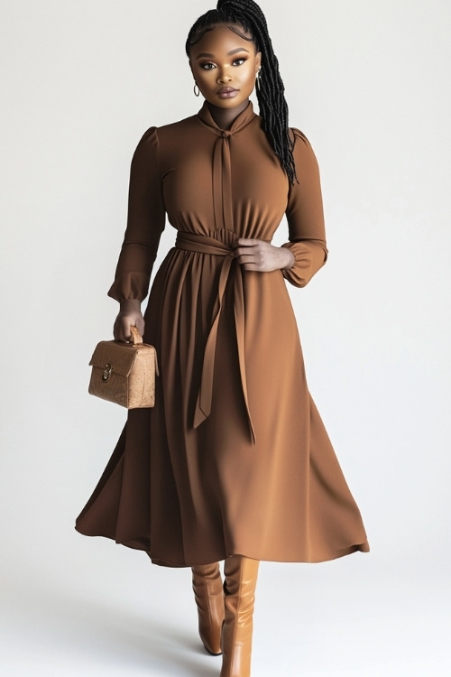 A curvy woman in a long-sleeve chocolate brown dress with an A-line silhouette, a tie belt at the waist, and a modest neckline. She accessorizes with tan leather boots and a matching clutch