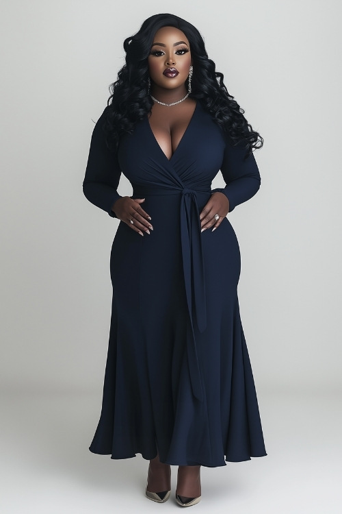 A curvy woman in a navy wrap-style midi dress with long sleeves, a deep V neckline, and a belted waist. She accessorizes with simple silver jewelry and strappy heels