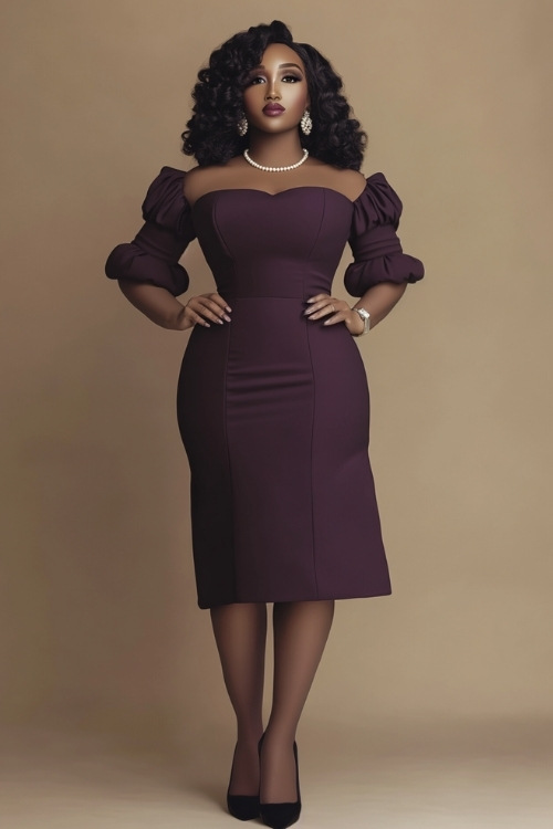 A curvy woman in a plum-colored midi dress with a square neckline, long puff sleeves, and a fitted waist. She pairs the look with black heels and a pearl necklace