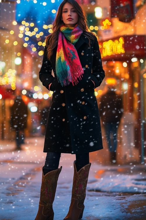 A fashion-forward woman in a sleek black pea coat with a colorful scarf and tall cowboy boots, standing in a bustling urban square with holiday lights strung across storefronts