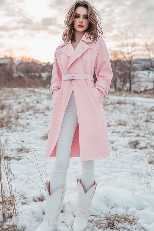 A fashion-forward woman with shoulder-length hair wears a pastel pink trench coat over fitted leggings and tall white cowboy boots with minimalistic western designs