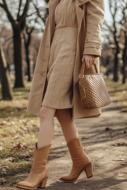 A fashionable ensemble featuring tan short cowboy boots, a camel-colored trench coat, a ribbed beige midi dress, and a quilted handbag