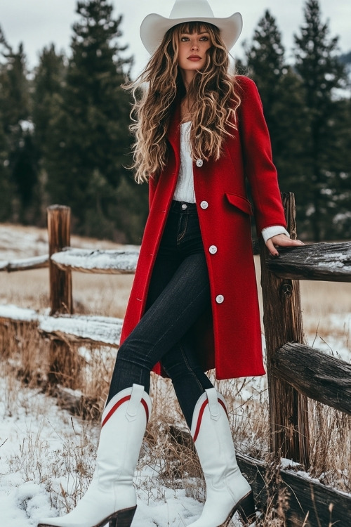 A fashionable woman in a red wool coat, dark skinny jeans, and tall white cowboy boots with subtle silver accents