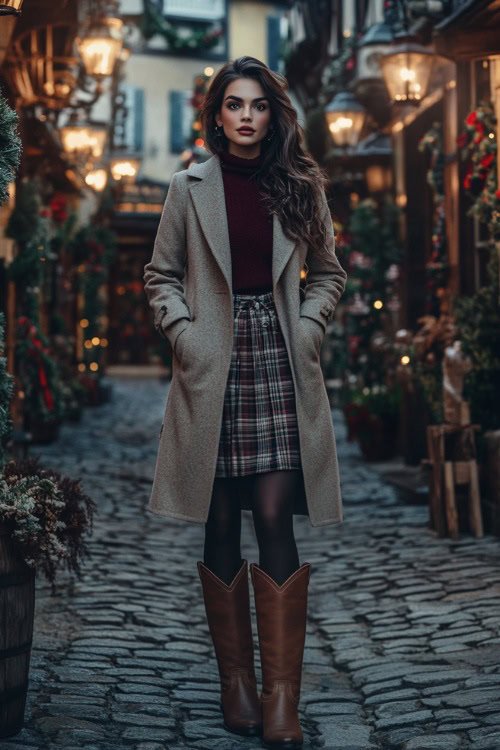 A fashionable woman in a taupe wool coat over a burgundy sweater, paired with a plaid skirt, dark tights, and tall tan cowboy boots with embossed details