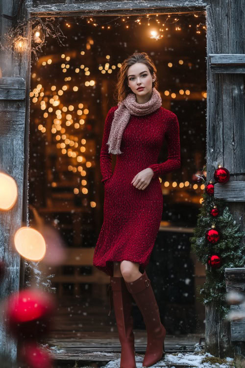 A fitted knit dress in wine red with three-quarter sleeves and a high neckline, accessorized with a faux fur scarf and ankle boots (2)