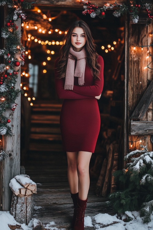 A fitted knit dress in wine red with three-quarter sleeves and a high neckline, accessorized with a faux fur scarf and ankle boots (3)