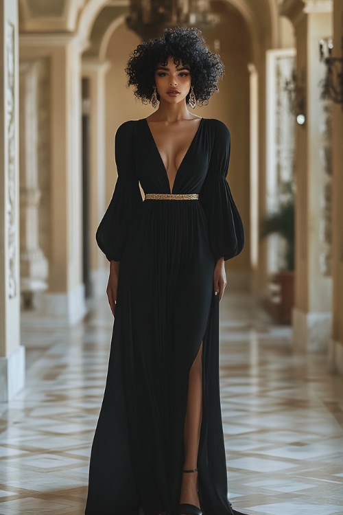 A flowing black maxi dress with a deep V-neckline and bishop sleeves, accessorized with a gold waist chain, stilettos, and drop earrings