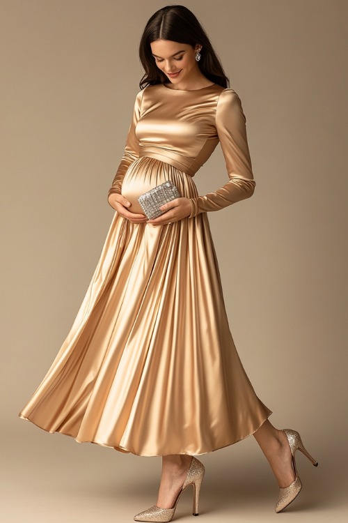 A formal maternity outfit featuring a long-sleeve satin maternity dress in champagne gold, featuring a sweetheart neckline, empire waist