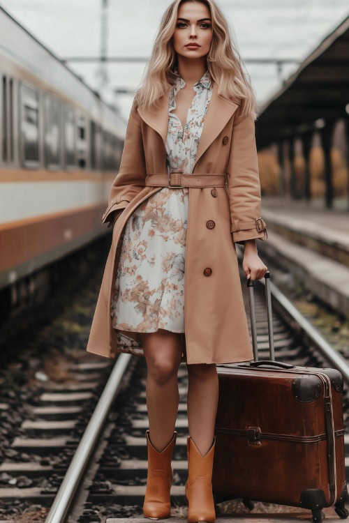 A full-body shot of a woman wearing beige leather ankle cowboy boots, a floral midi dress, and a brown belted trench coat