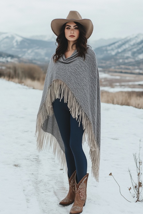 A full-body shot of a woman wearing navy blue high-waisted leggings paired with a light grey poncho with fringe hems