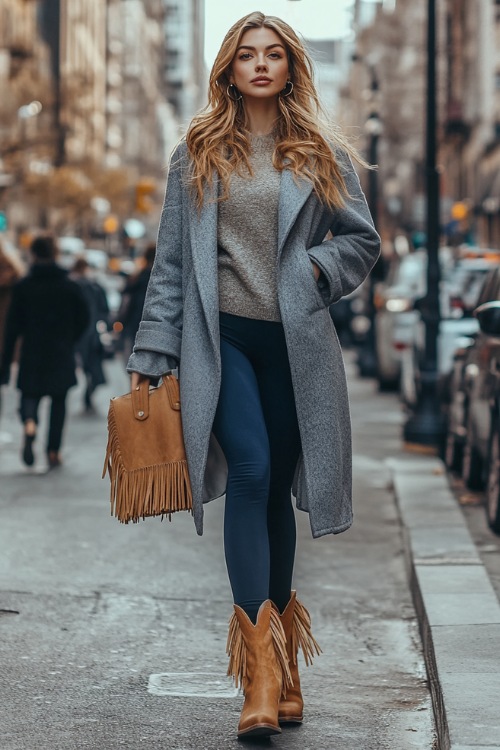 A full-body shot of a woman wearing navy blue leggings, a light grey oversized coat, and tan suede ankle cowboy boots with fringe accents