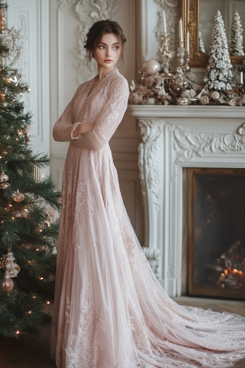 A full-length A-line gown in blush pink with lace long sleeves, a cinched waist, and intricate beading