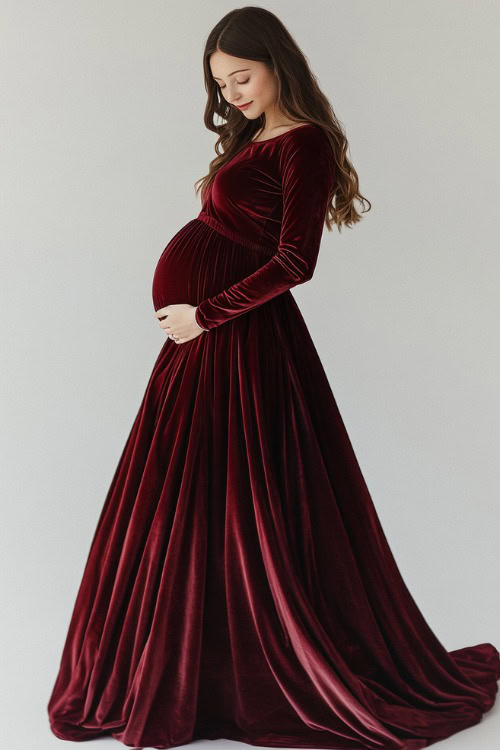 A glowing pregnant woman dressed in a sophisticated long-sleeve velvet maternity gown in deep burgundy, featuring a high neckline, ruching at the waist for comfort and style