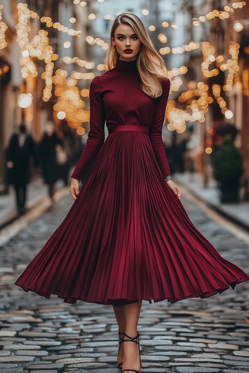 A high-neck burgundy dress with long sleeves and a pleated midi skirt, styled with a cinched belt, strappy heels, and a matching scarf