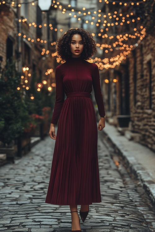 A high-neck burgundy dress with long sleeves and a pleated midi skirt, styled with a cinched belt, strappy heels, and a matching scarf,