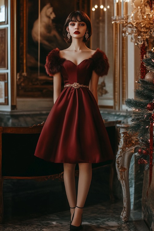 A knee-length wine-red cocktail dress with short puff sleeves, a sweetheart neckline, and a belted waist