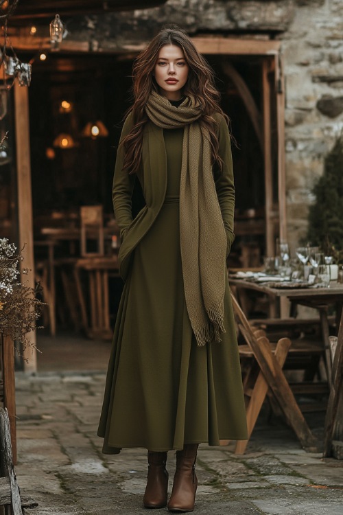 A long-sleeve jersey dress in olive green, paired with a tailored coat, ankle boots, and a matching scarf, standing near a rustic wedding reception area