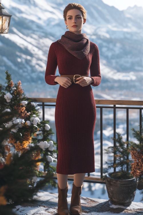 A long-sleeve knit dress in wine red, styled with a brown belt, loafers, and a cozy shawl, standing on a patio with a scenic view of winter mountains