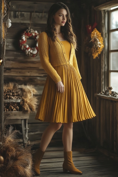 A midi dress in mustard yellow with a pleated skirt, styled with a cropped cardigan and ankle boots, posing in a rustic barn setting with holiday accents