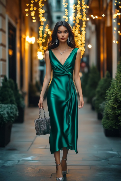 A midi-length satin dress in emerald green with a wrap bodice and adjustable straps, styled with block heels, a silver clutch