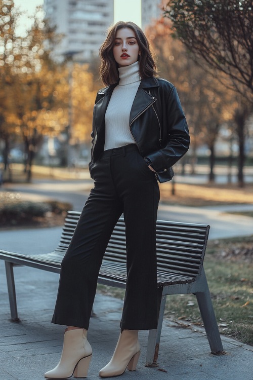 A minimalist outfit with beige ankle cowboy boots, black wide-leg trousers, a white turtleneck, and a cropped black leather jacket