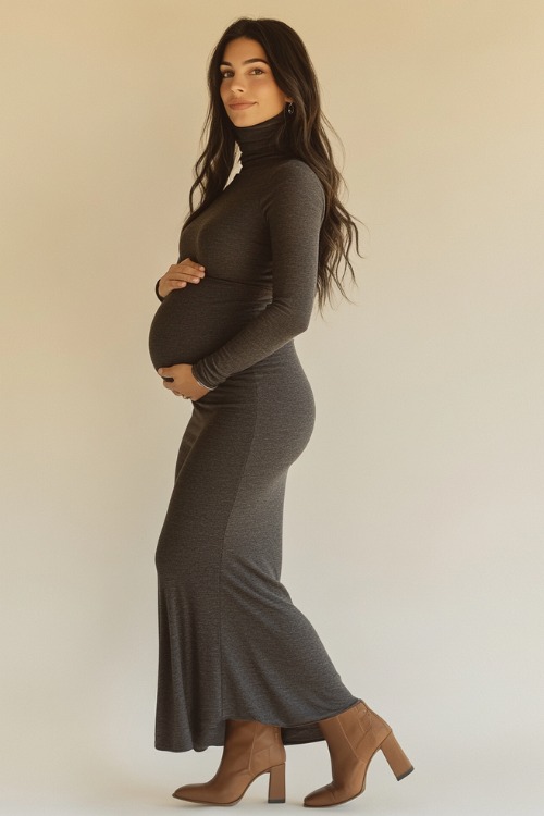 A modern maternity look with a long-sleeve mock turtleneck maternity dress in dark gray cashmere, featuring a body-skimming fit, side slits for movement