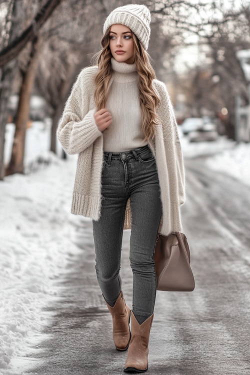 A modern outfit with beige ankle cowboy boots, dark grey skinny jeans, a long cream cardigan, and a light grey turtleneck sweater