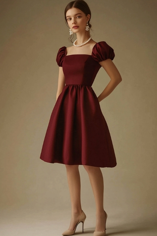 A petite woman wearing a burgundy A-line midi dress with a square neckline, puffed sleeves, and a fitted waist. She accessorizes with beige block heels and a pearl necklace (2)