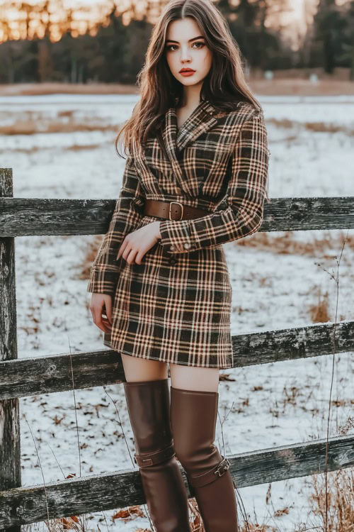 A plaid wrap dress in muted tones with long sleeves, styled with brown knee-high boots and a crossbody bag, standing by a frosty wooden fence