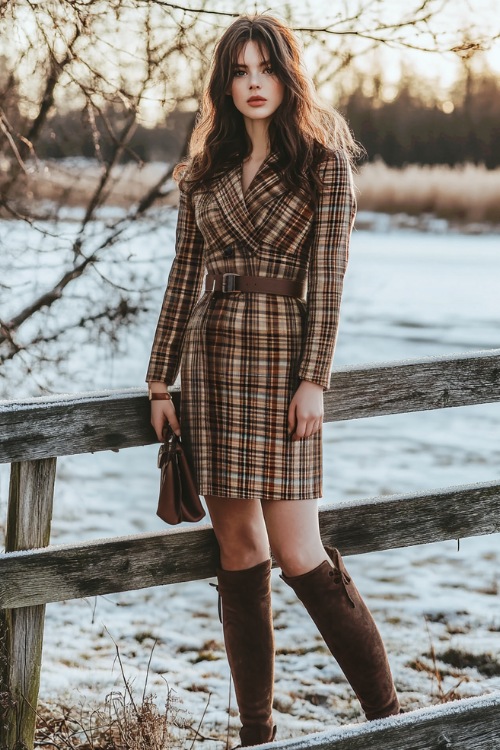 A plaid wrap dress in muted tones with long sleeves, styled with brown knee-high boots and a crossbody bag