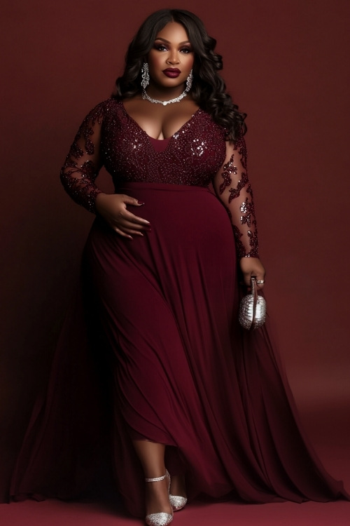 A plus-size woman in a floor-length burgundy gown with a deep V neckline, long lace sleeves, and a cinched waist. She accessorizes with silver jewelry, strappy heels, and a small metallic clutch