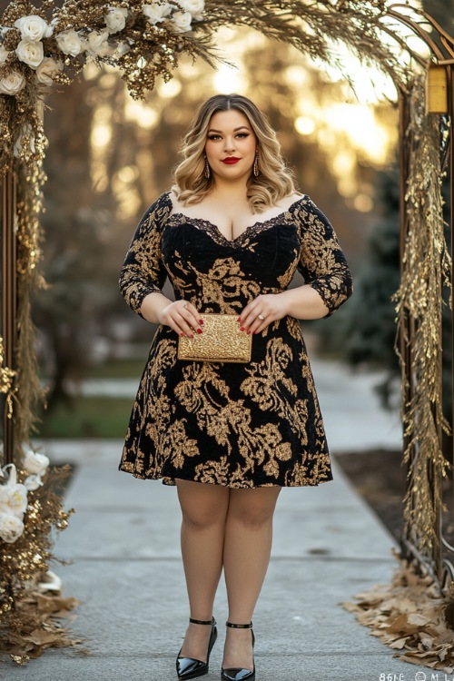 A plus-size woman wearing a black and gold jacquard dress with an empire waistline and three-quarter sleeves, paired with black block heels, a gold clutch